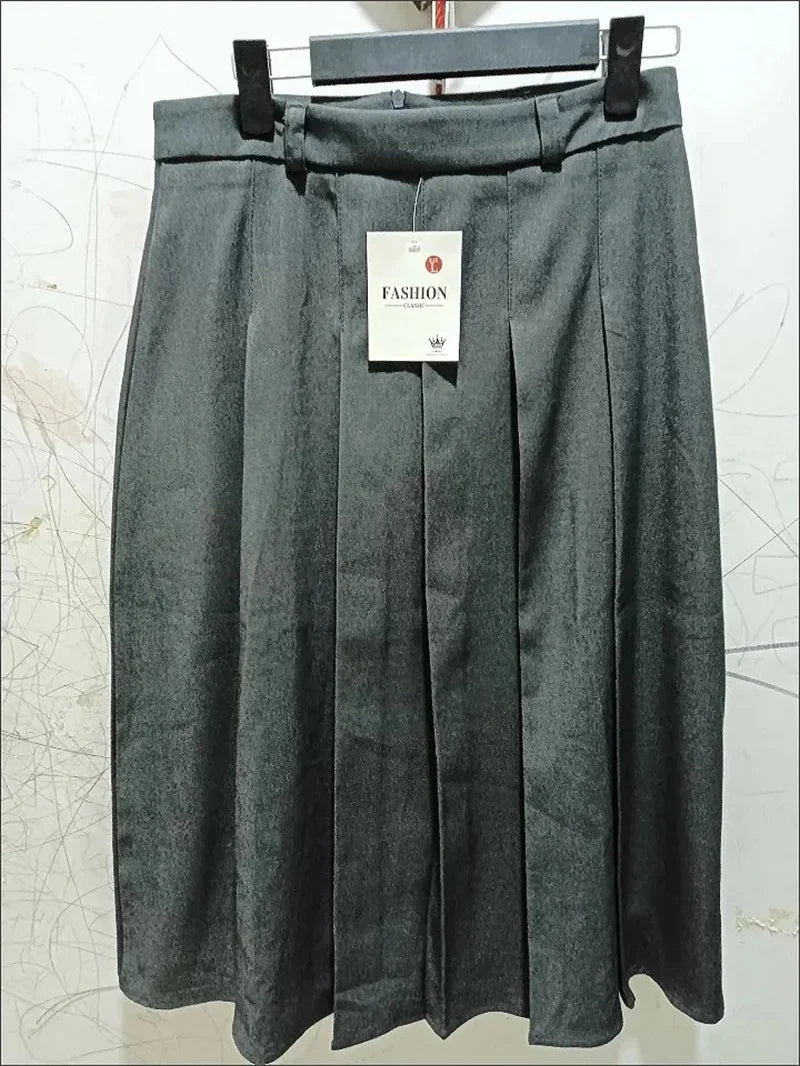 Long Gray Retro Slim A-Line Casual Pleated Skirt