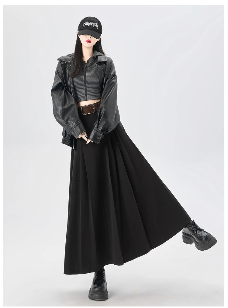 Woolen Mid-Length Pleated Skirt With Belt