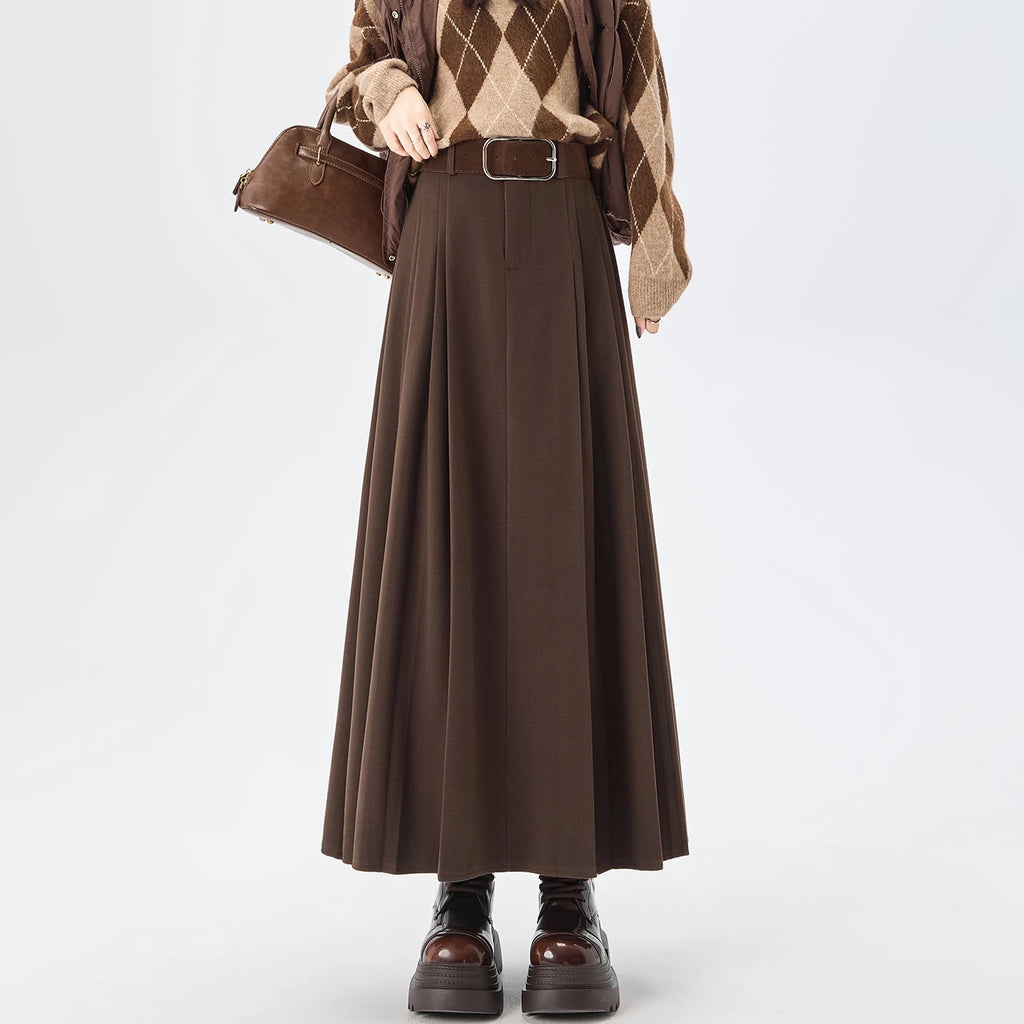 Woolen Mid-Length Pleated Skirt With Belt