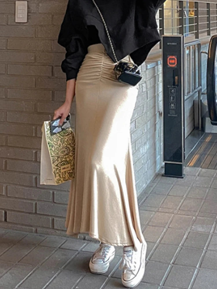 Shirred Satin High Waist Ankle Length Skirt