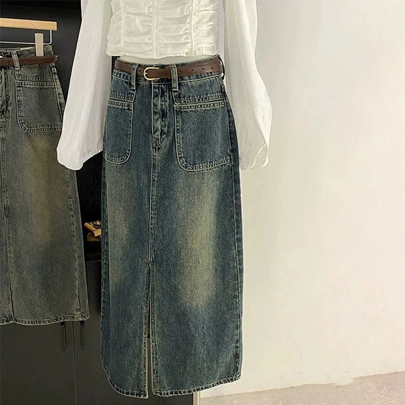 Mid-Length Retro Blue Split Denim High Waist Jean Skirt