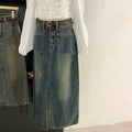 Mid-Length Retro Blue Split Denim High Waist Jean Skirt