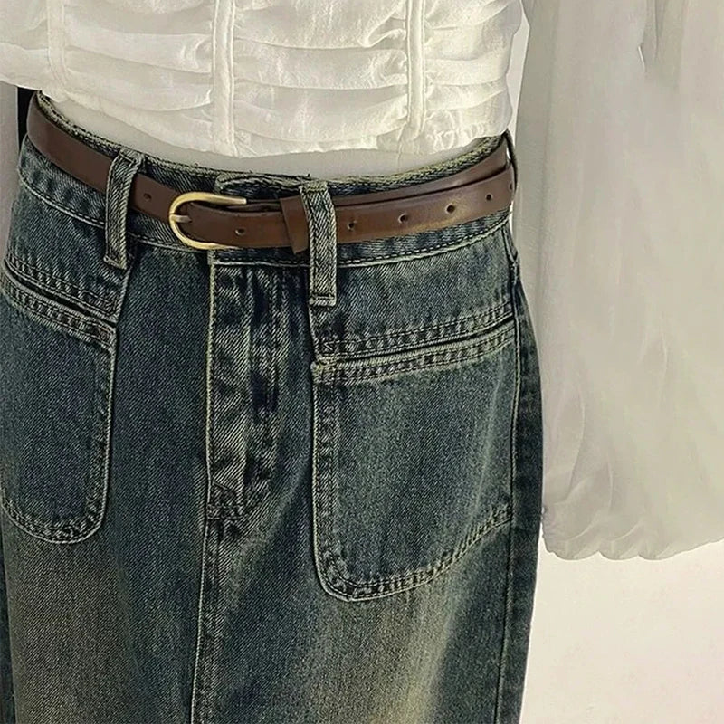 Mid-Length Split Denim High Waist Jean Skirt