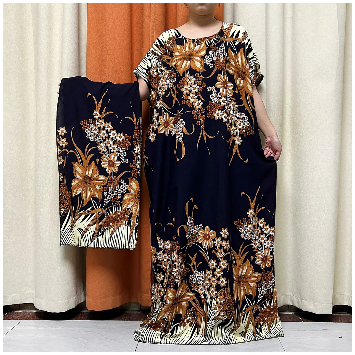 African Floral Fashion Dress With Matching Scarf