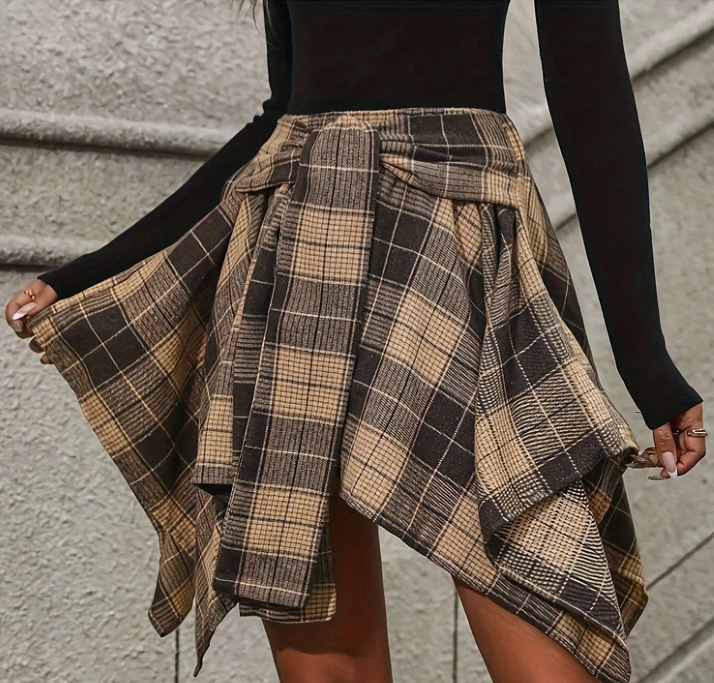 Plaid Tied Sleeves Fake Shirt Skirt