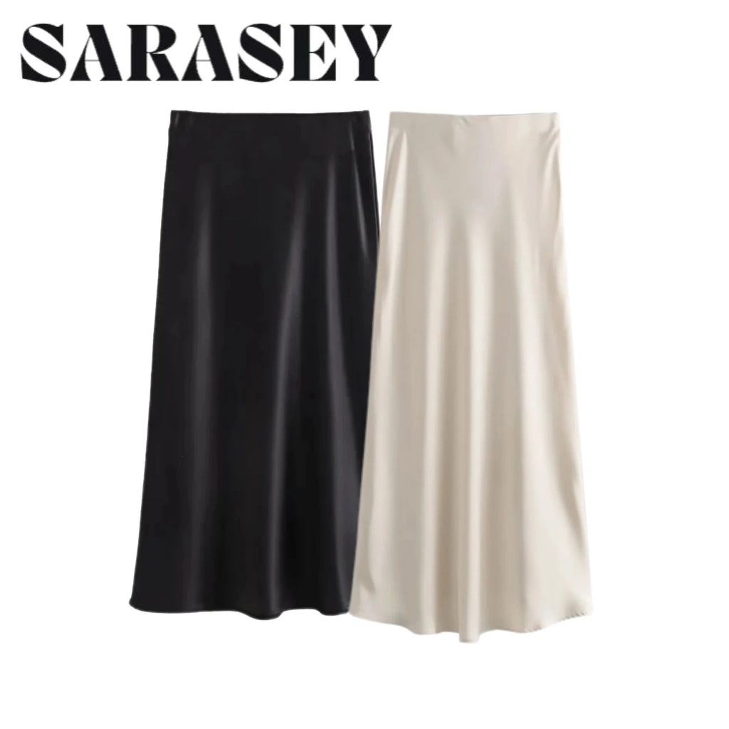 Faux Satin Mid-Calf Length High Waist Skirt