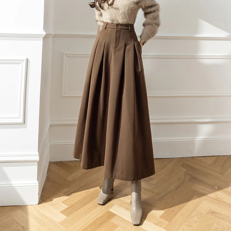 Pleated High Waist Ankle Length Pocketed Skirt