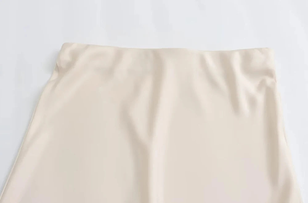 Faux Satin Mid-Calf Length High Waist Skirt
