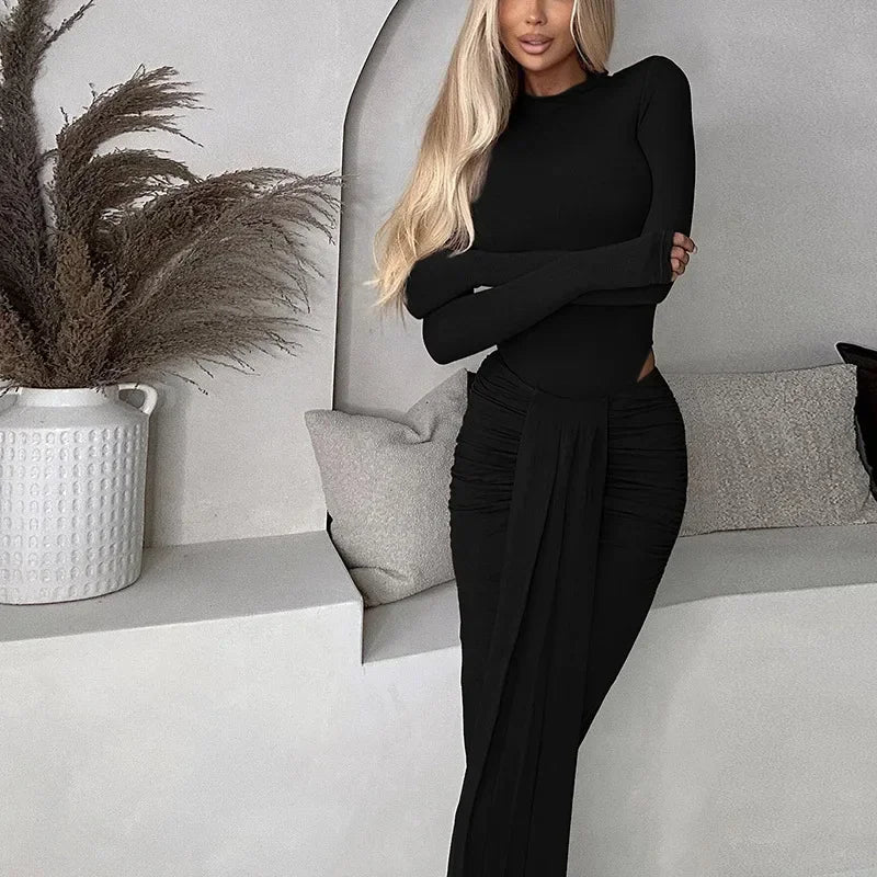 2 Piece-Set Maxi Pleated Skirt Outfit