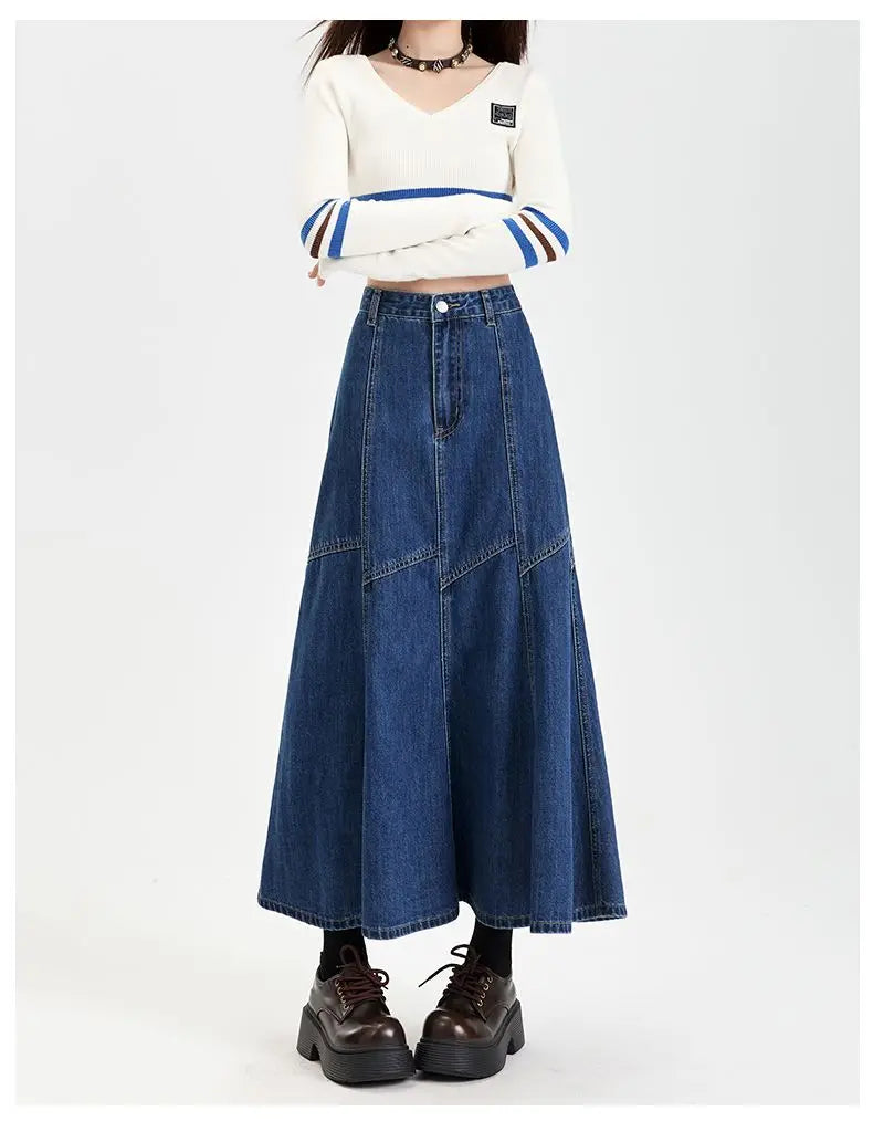 Ankle-Length High Waist Denim Jean Skirt