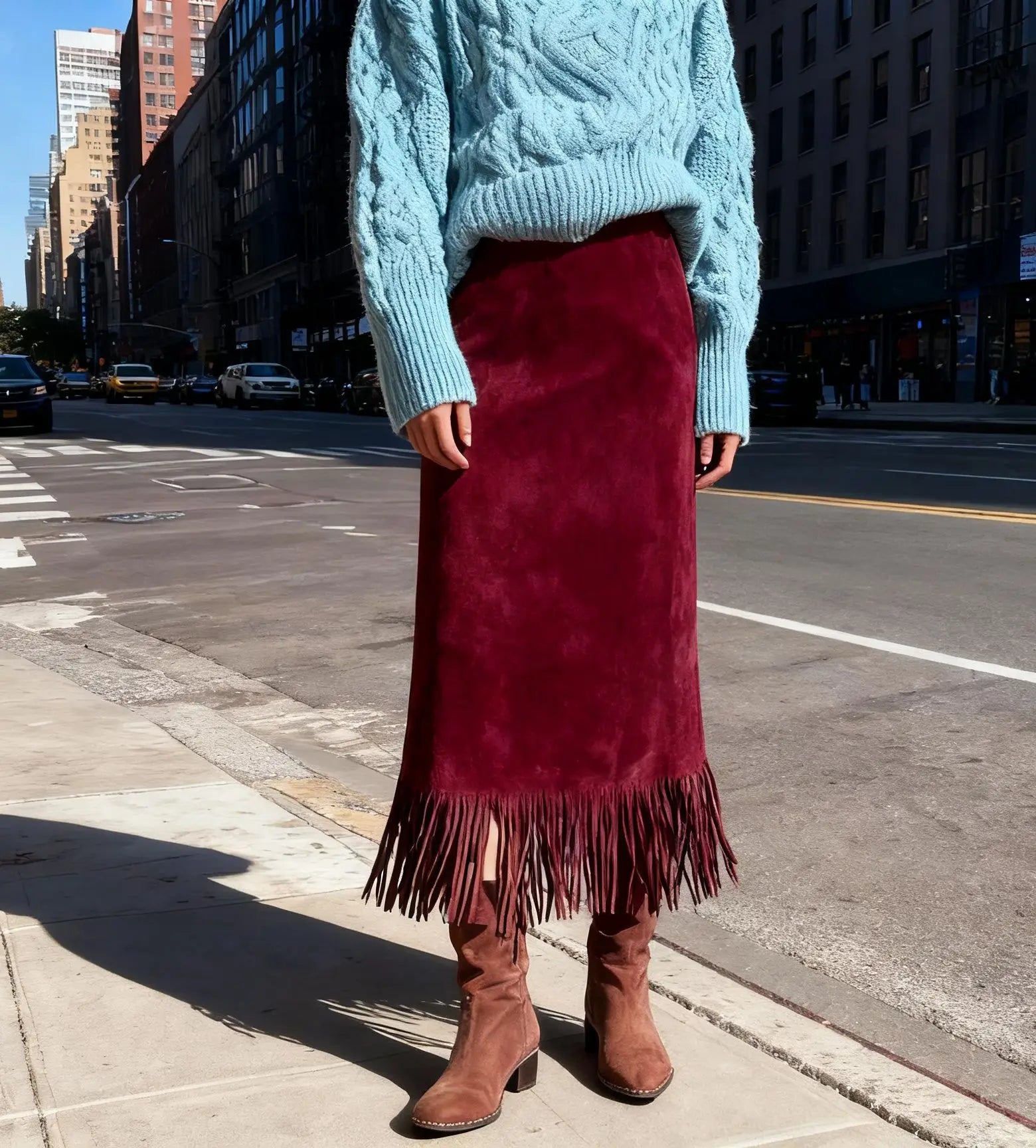 Fringed Suede Long Skirt