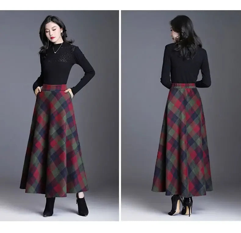 Plaid Woolen High-Waist Zippered Skirt