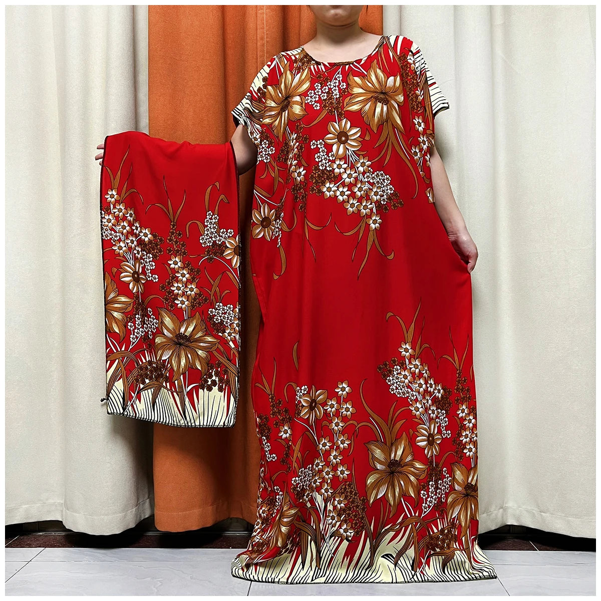African Floral Fashion Dress With Matching Scarf