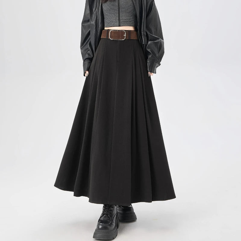 Woolen Mid-Length Pleated Skirt With Belt