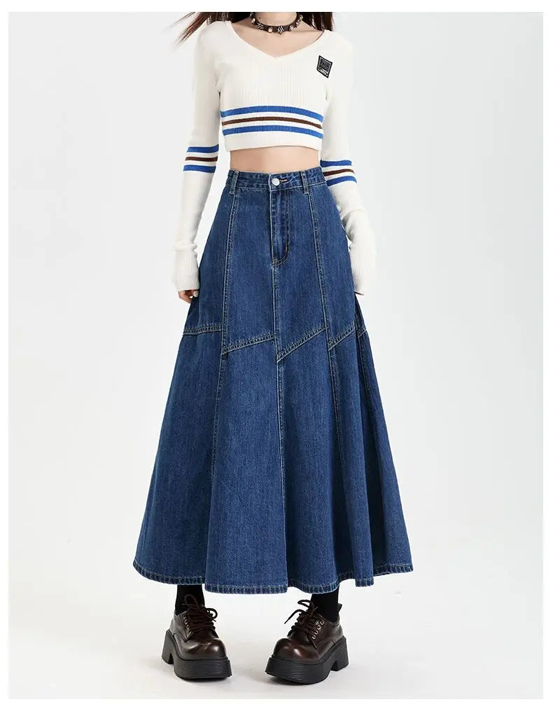 Ankle-Length High Waist Denim Jean Skirt