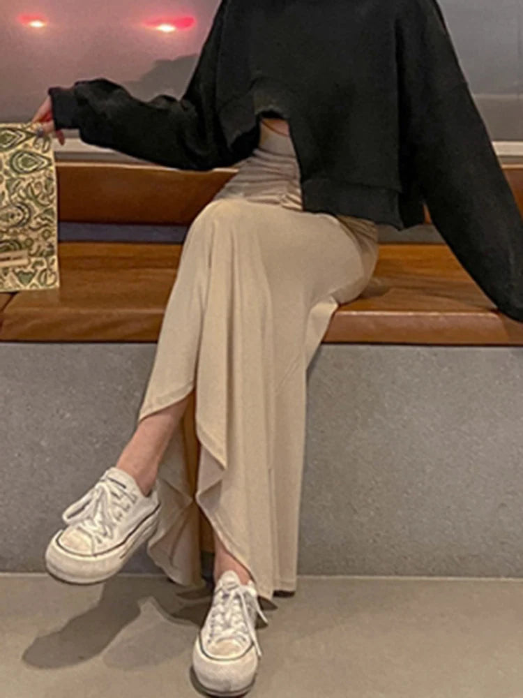 Shirred Satin High Waist Ankle Length Skirt