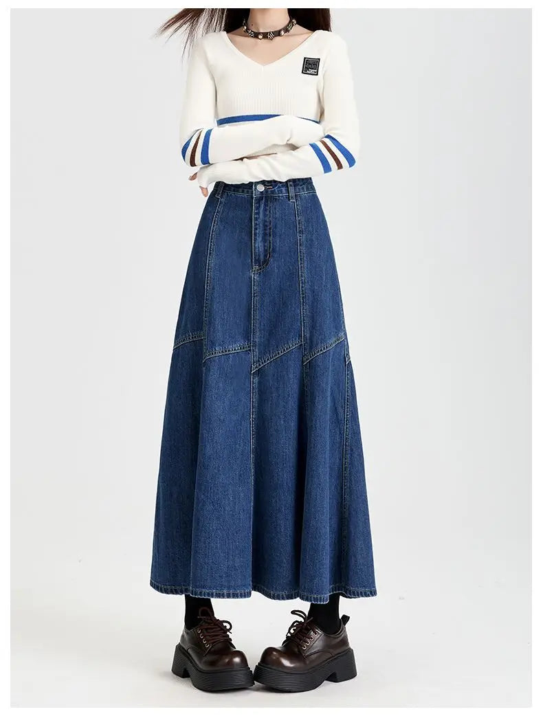Ankle-Length High Waist Denim Jean Skirt