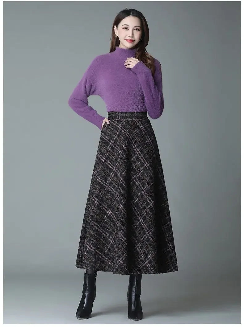 Plaid Woolen High-Waist Zippered Skirt