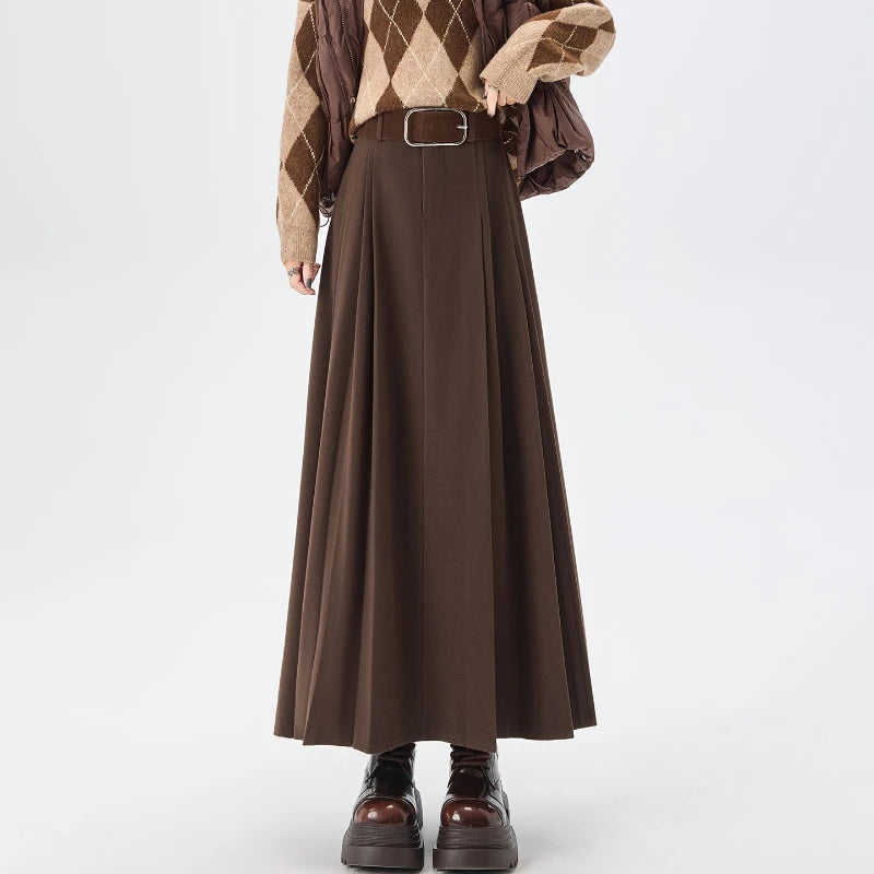 Woolen Mid-Length Pleated Skirt With Belt