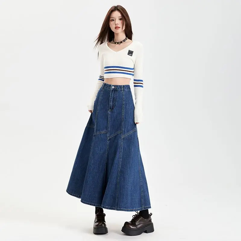Ankle-Length High Waist Denim Jean Skirt