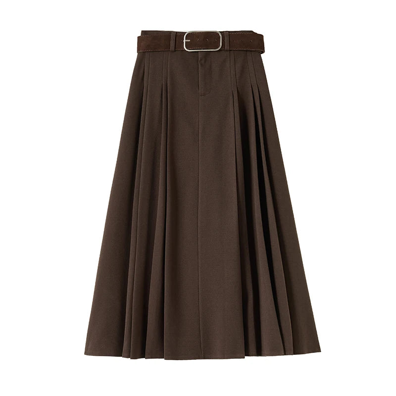 Woolen Mid-Length Pleated Skirt With Belt