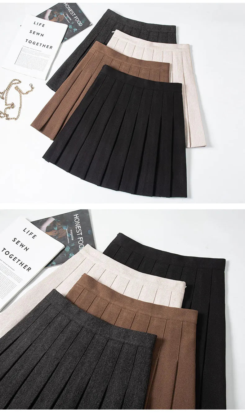 Zippered Pleated Woolen Mini Skirt