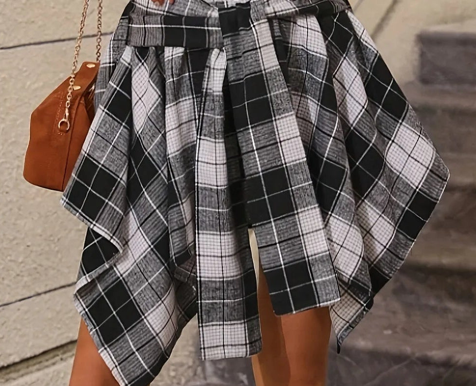 Plaid Tied Sleeves Fake Shirt Skirt