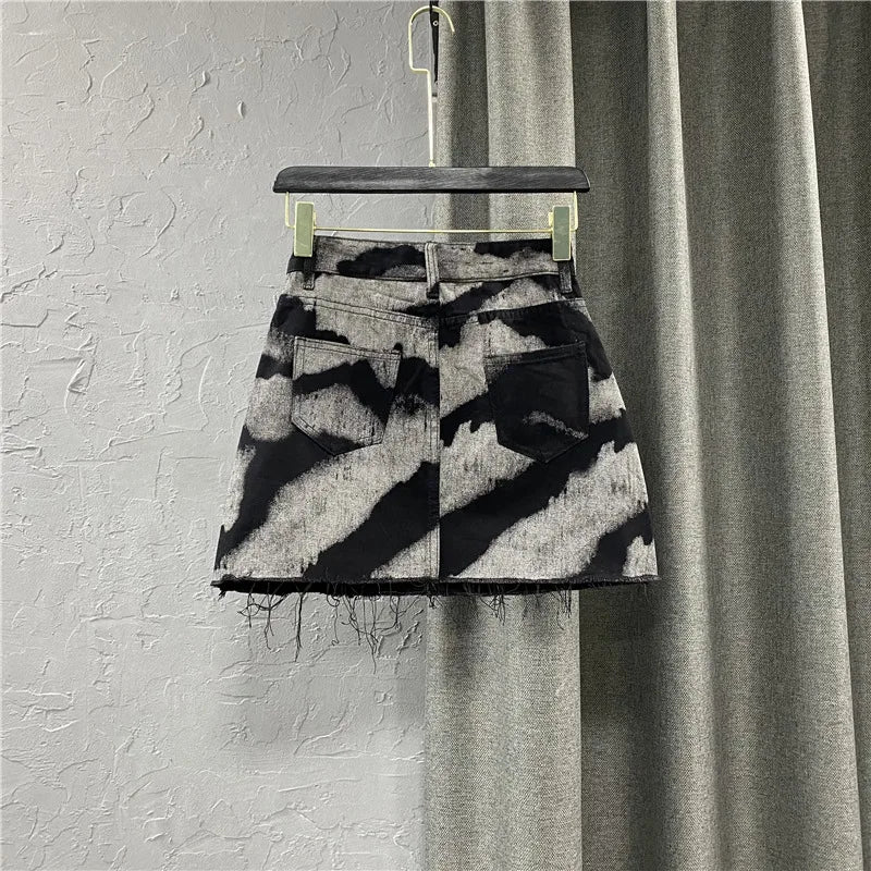 High Waist Slim Denim Skirt with Raw Edges