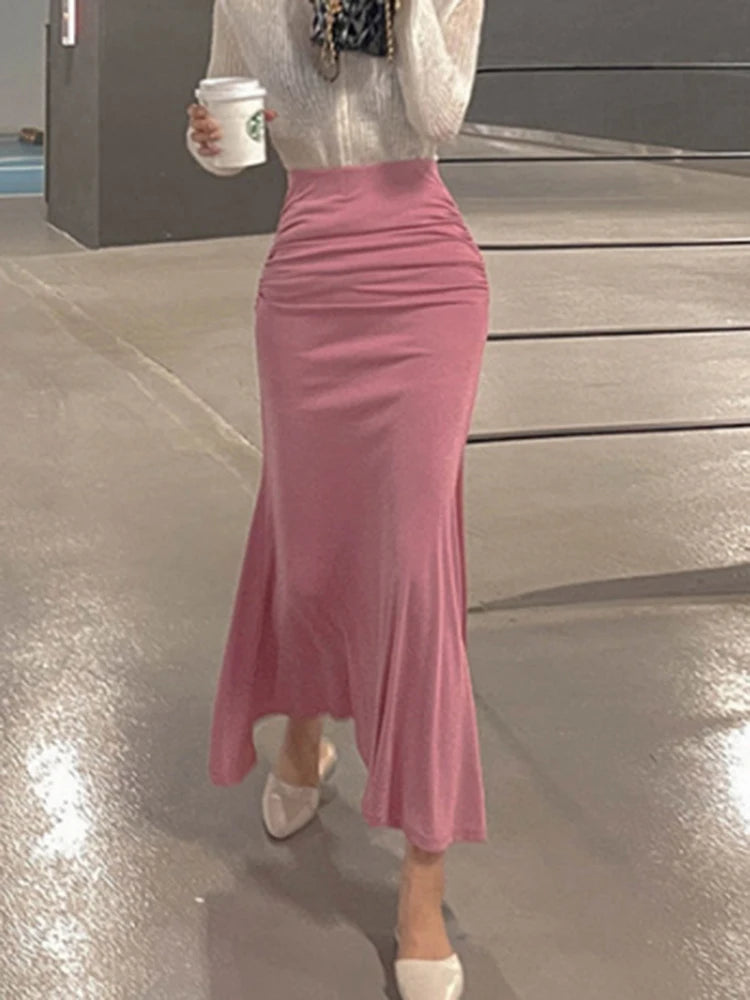 Shirred Satin High Waist Ankle Length Skirt