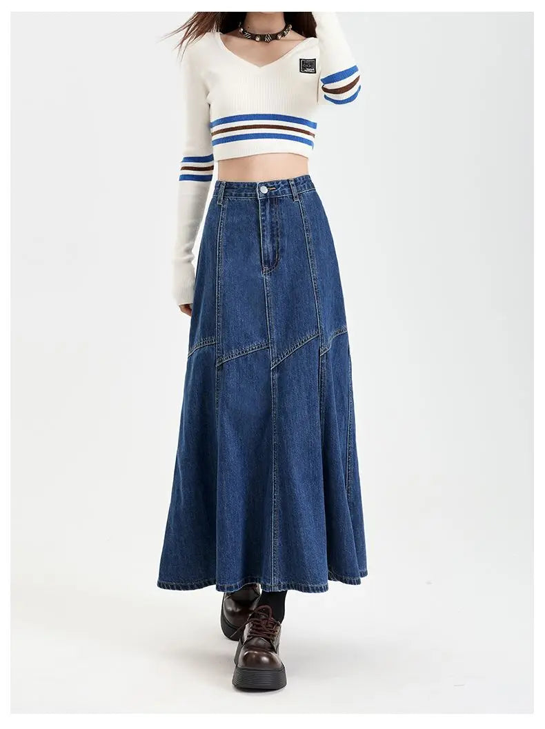 Ankle-Length High Waist Denim Jean Skirt