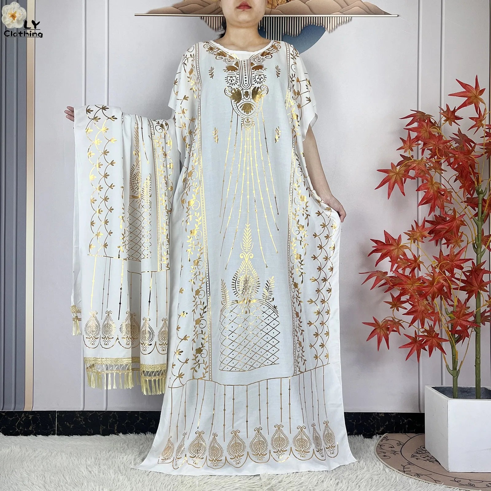 Casual Short Sleeve Soft Cotton Maxi Dress With Scarf