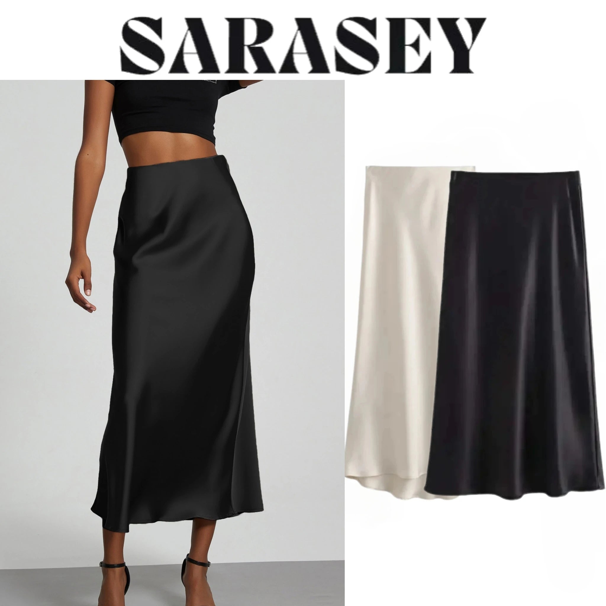 Faux Satin Mid-Calf Length High Waist Skirt