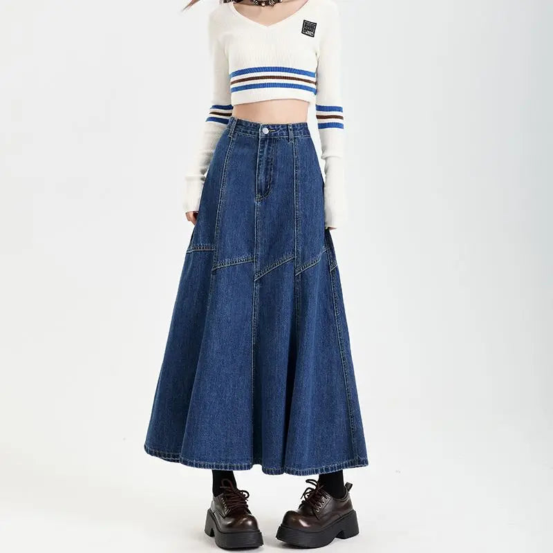Ankle-Length High Waist Denim Jean Skirt