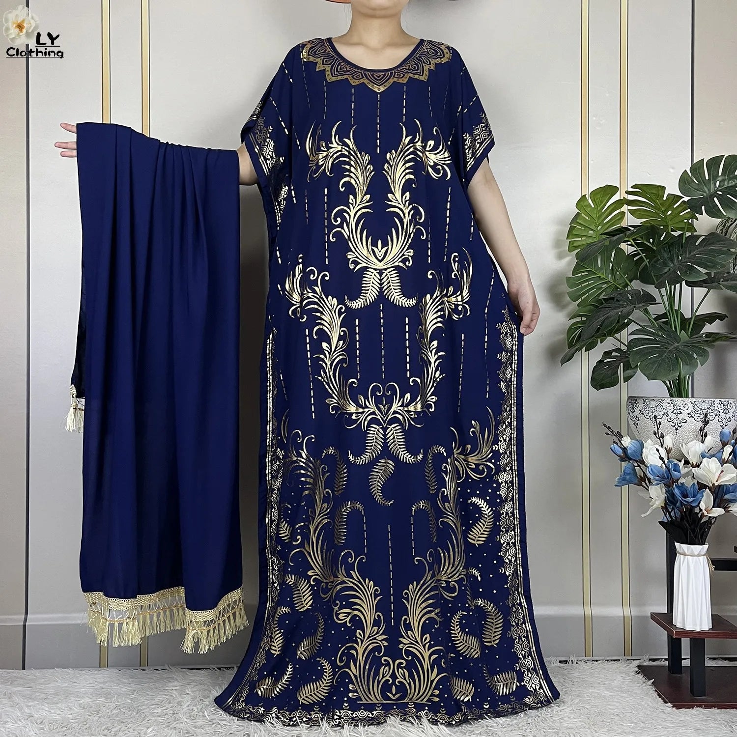 Casual Short Sleeve Soft Cotton Maxi Dress With Scarf