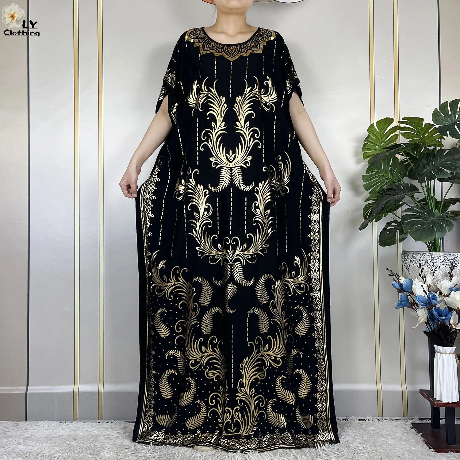 Casual Short Sleeve Soft Cotton Maxi Dress With Scarf