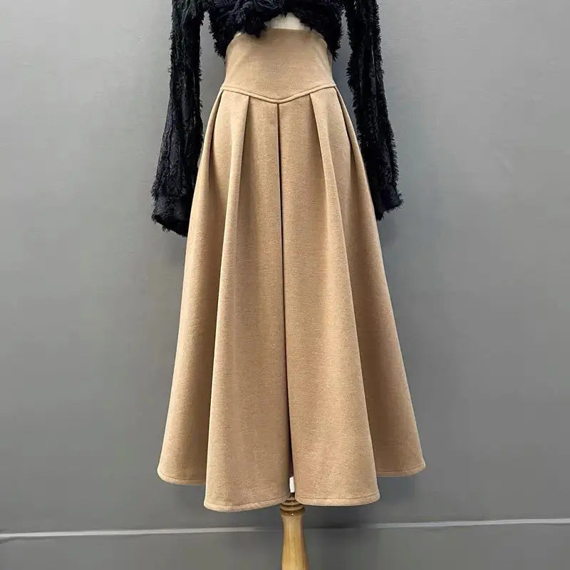 Woolen Pleated High-Waist Skirt
