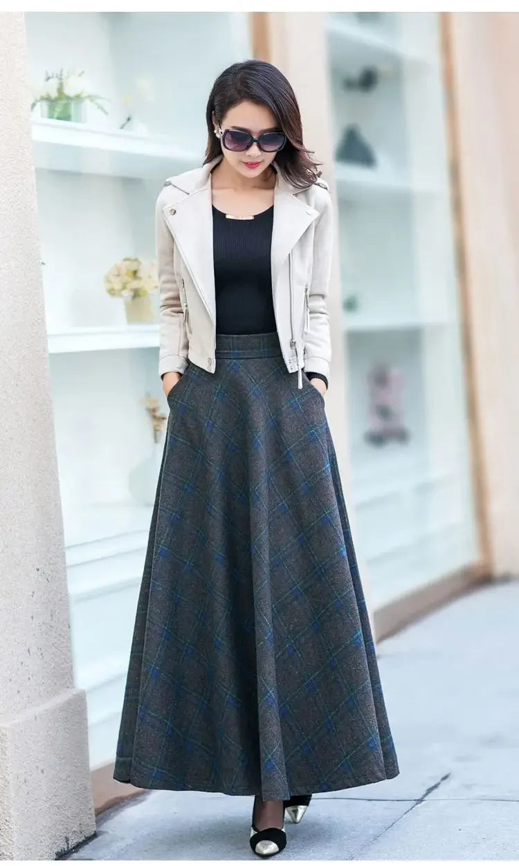 Plaid Woolen High-Waist Zippered Skirt