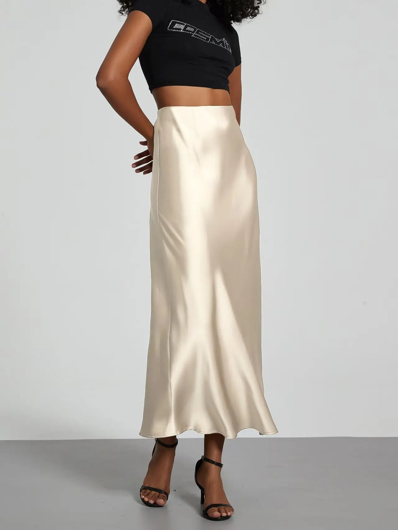 Faux Satin Mid-Calf Length High Waist Skirt