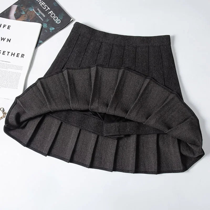Pleated Zippered Woolen Mini Skirt