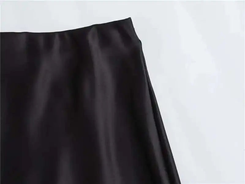 Faux Satin Mid-Calf Length High Waist Skirt