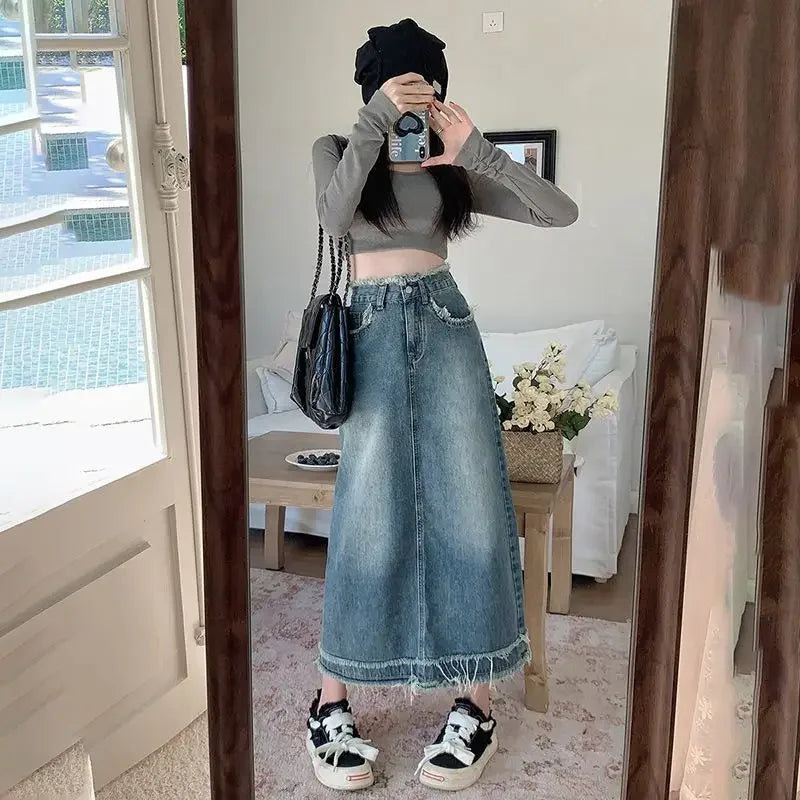 Fringed Denim High-Waist Jean Skirt