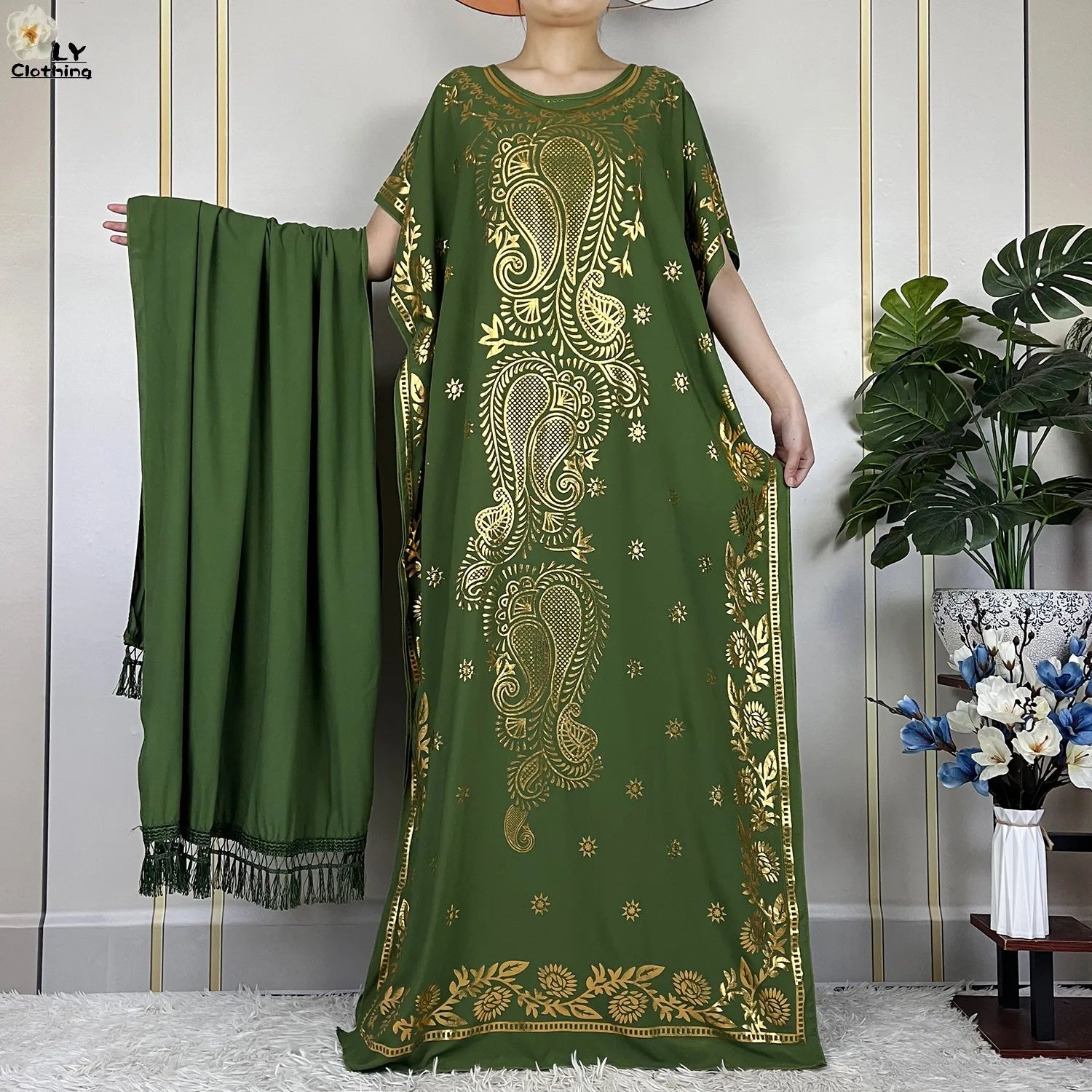 Casual Short Sleeve Soft Cotton Maxi Dress With Scarf