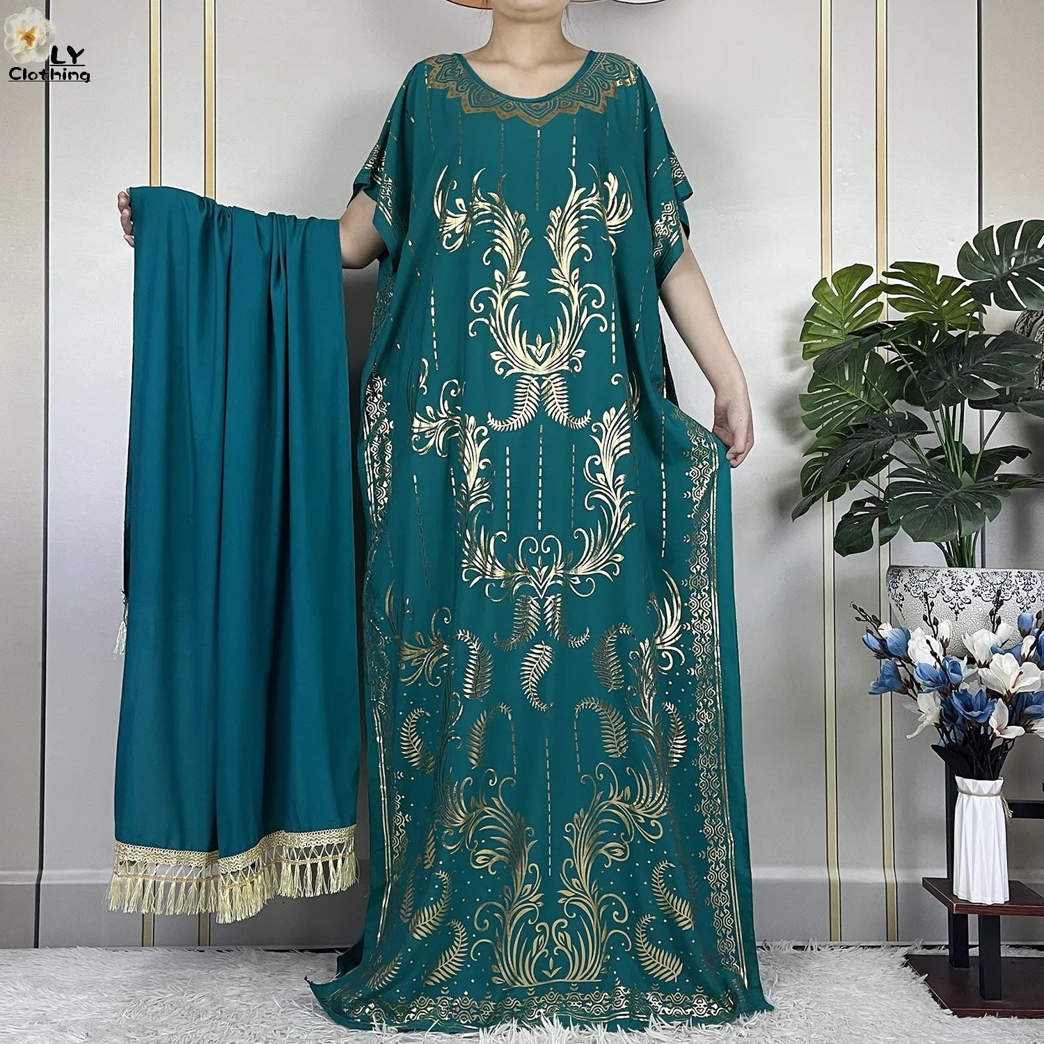 Casual Short Sleeve Soft Cotton Maxi Dress With Scarf