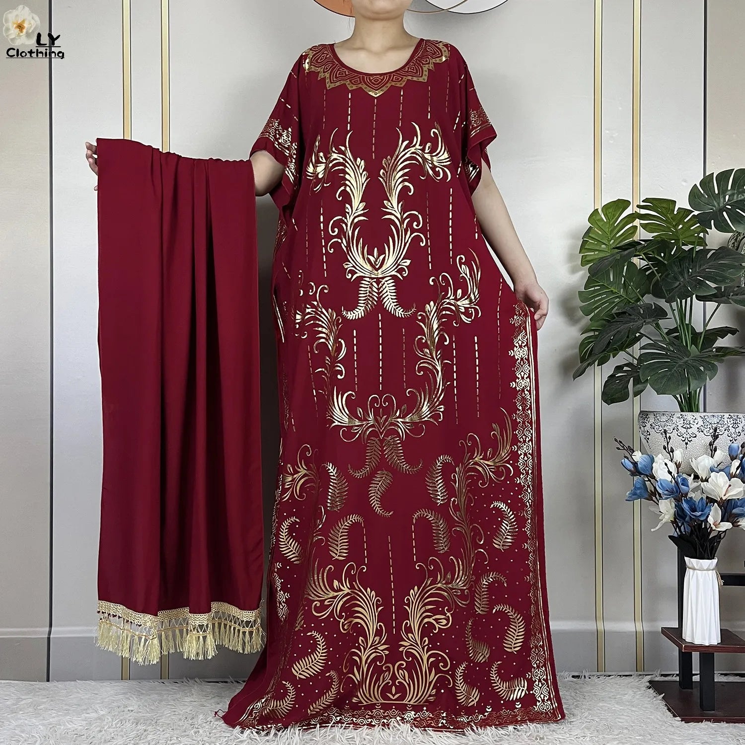 Casual Short Sleeve Soft Cotton Maxi Dress With Scarf