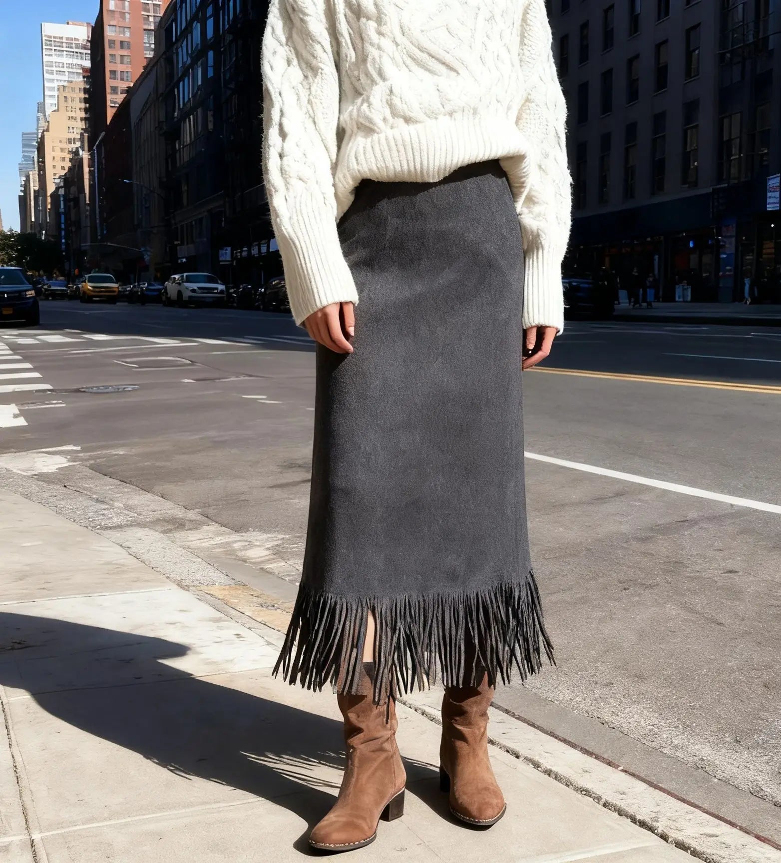 Fringed Suede Long Skirt