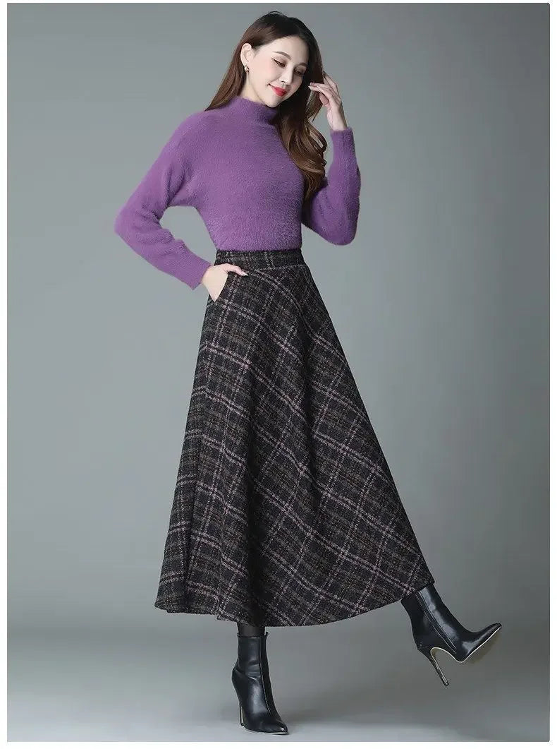 Plaid Woolen High-Waist Zippered Skirt