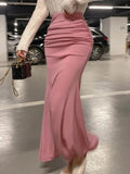 Shirred Satin High Waist Ankle Length Skirt