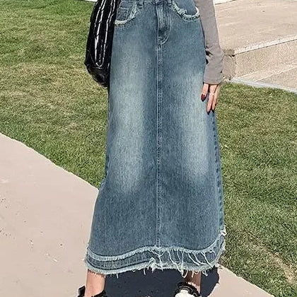 Fringed Denim High-Waist Jean Skirt