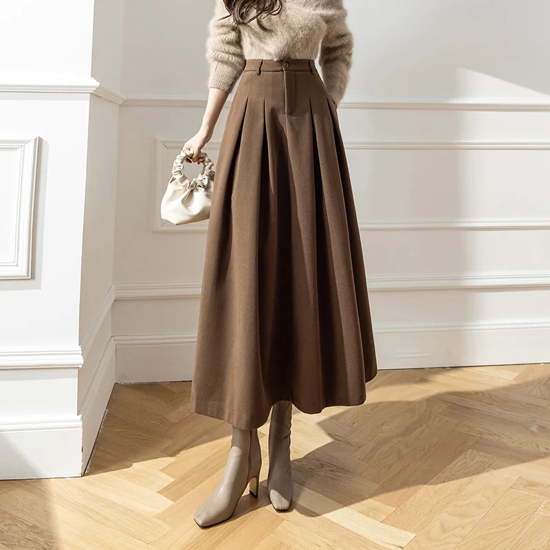 Pleated High Waist Ankle Length Pocketed Skirt