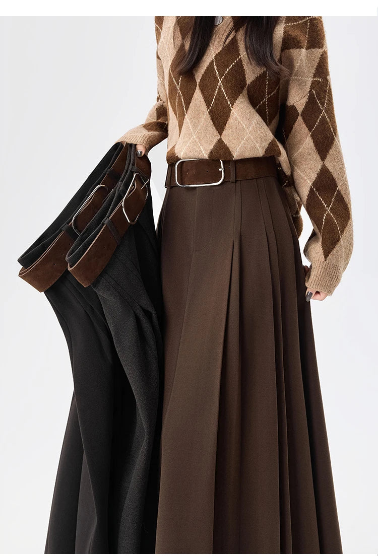 Woolen Mid-Length Pleated Skirt With Belt